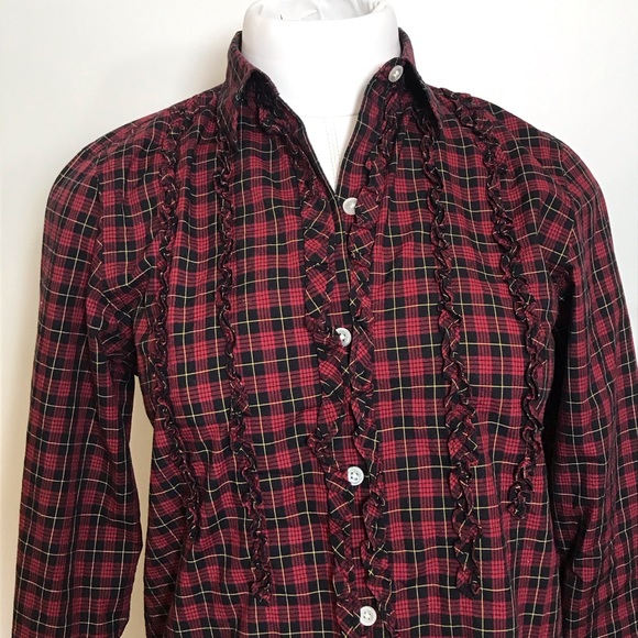 Vintage LAUREN RALPH LAUREN Plaid Ruffle Button Down Long Sleeve Top - Picture 3 of 7